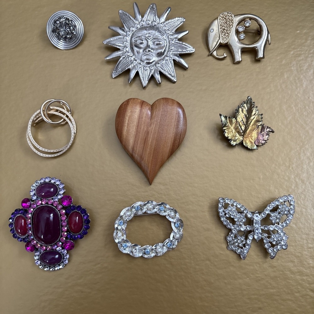 Vintage Mixed Brooch Pin Lot Rhinestone Sun Heart Elephant Butterfly 9pc
